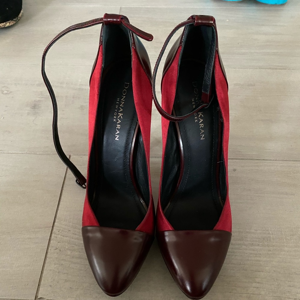 Red and Maroon satin and leather Donna Karan